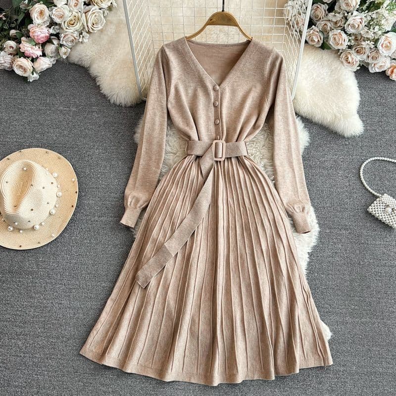 Women's Clothing elegant temperament V neck waist slimming medium and long A line pleated knitted dress