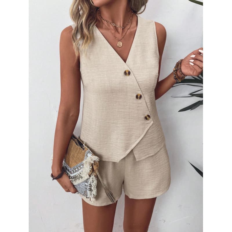 Women's Clothing Summer Suit Fashion Casual V Neck Irregular Vest Shorts Suit