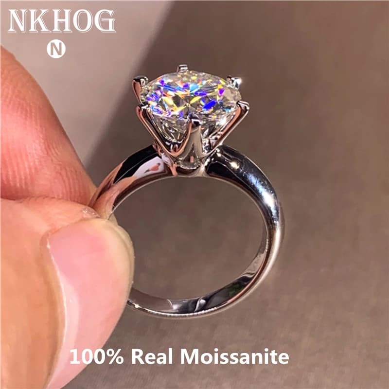 Classic 6 Prongs 5 Carat Round Moissanite Rings Sterling Sier Plated 14K Gold High Clarity D Color Diamond Woman Jewelry