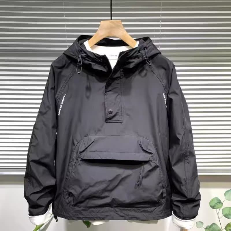 ​​Men's Spring Hooded Windbreaker Jacket With Zipper Pockets, Fleece Lined, Water-Resistant, Loose Fit Casual Outerwear​​