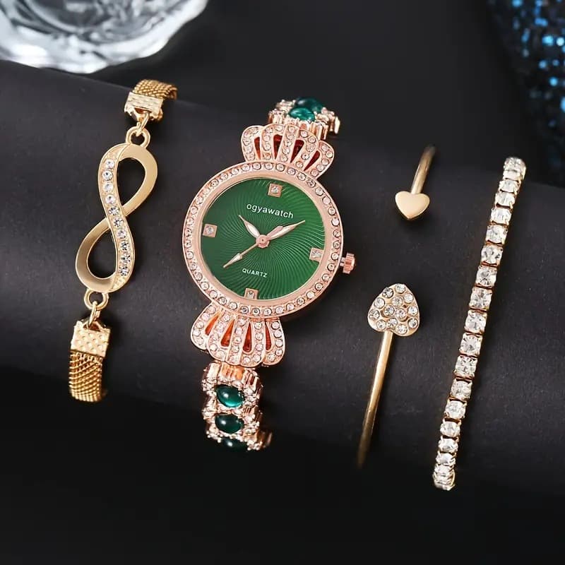 Fashionable and versatile diamond studded steel bracelet watch + heart studded diamond bracelet set for women