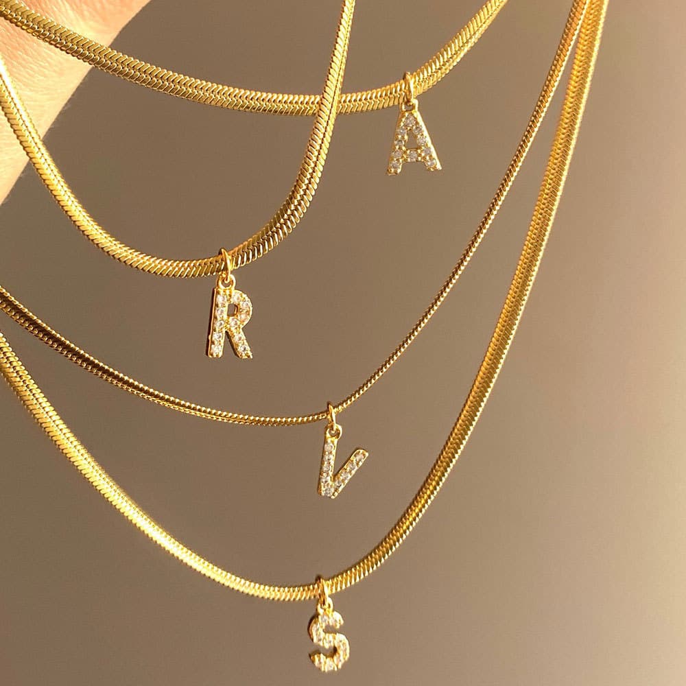 round snake chain clavicle chain 26 English letter necklace copper real gold electroplated diamond pendant letter necklace
