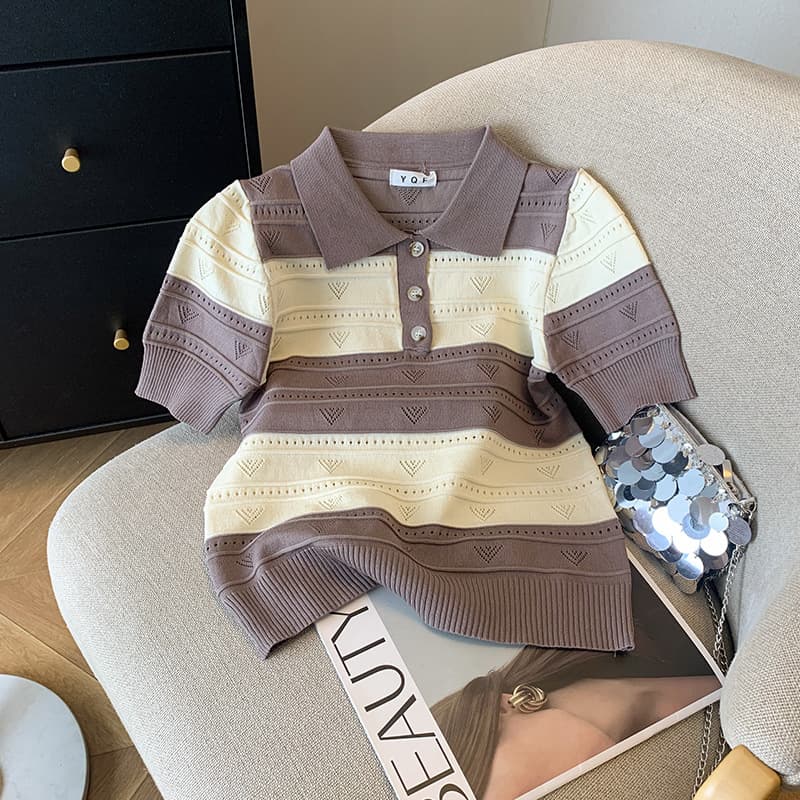 Women's Clothing Real shot Spot summer new design niche contrast color chic short sleeved T shirt ice silk sweater female