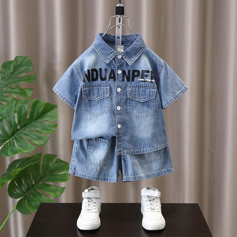 Boys Summer Short Sleeved Suits Stylish Children's Thin Denim Clothes 2024 New Fashionable Baby Two Piece Children's Clothing