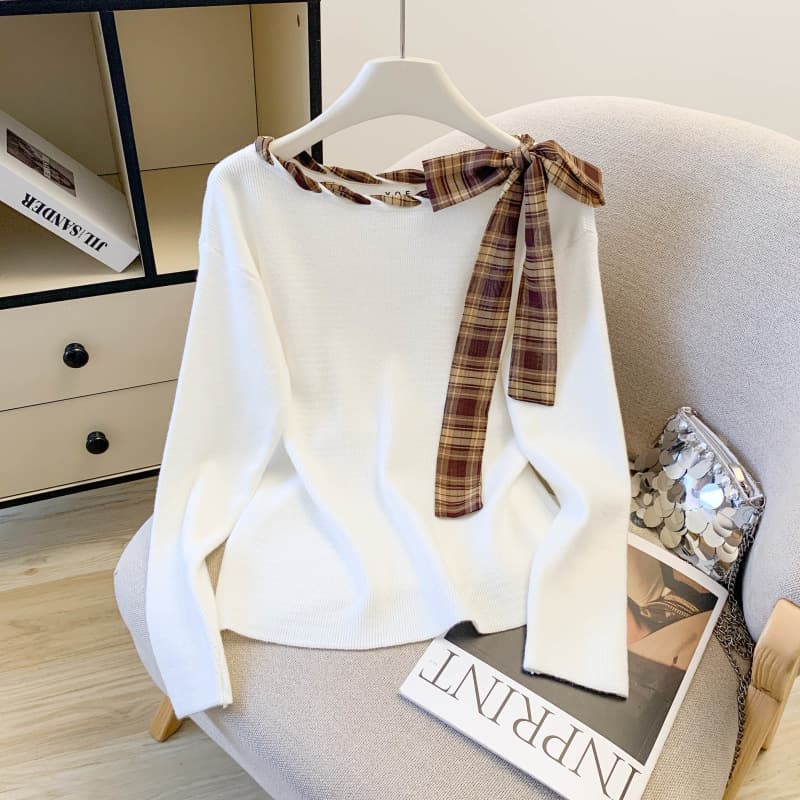 Autumn Knit Sweater Top – Scarf Tie Detail & Contrast Color Blocking, Long Sleeve Casual Pullover (White/Coffee/Black, One Size Fits Most)