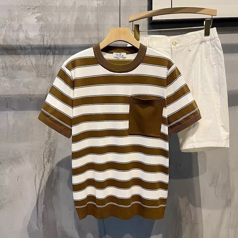Men's Clothing Round neck striped sweater men's short sleeved T shirt tops men 2024 summer new design casual versatile