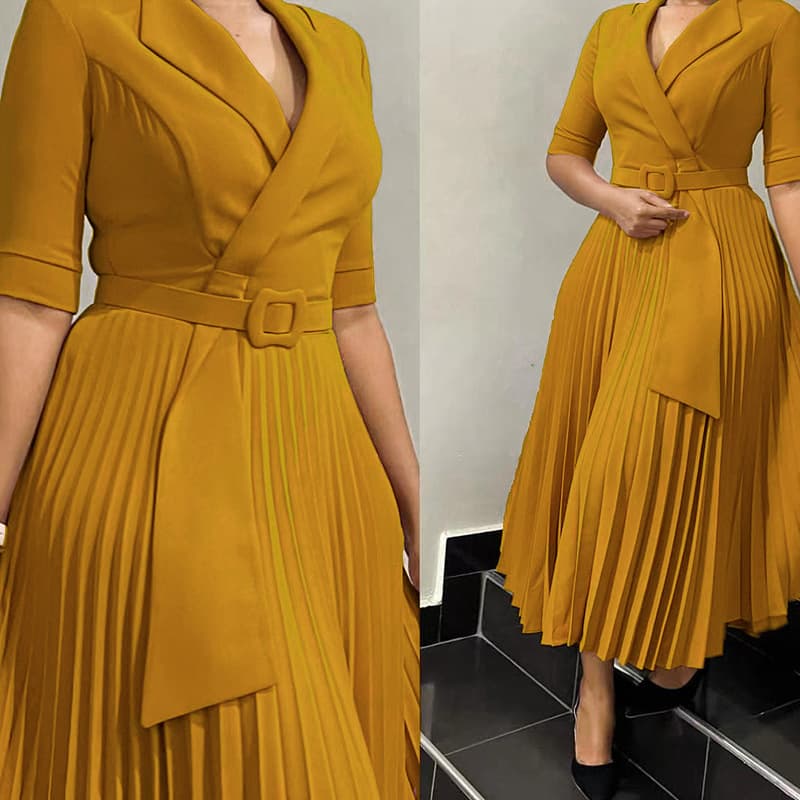 Women's Clothing autumn and winter new OL fashion suit collar pleated waist large size dress