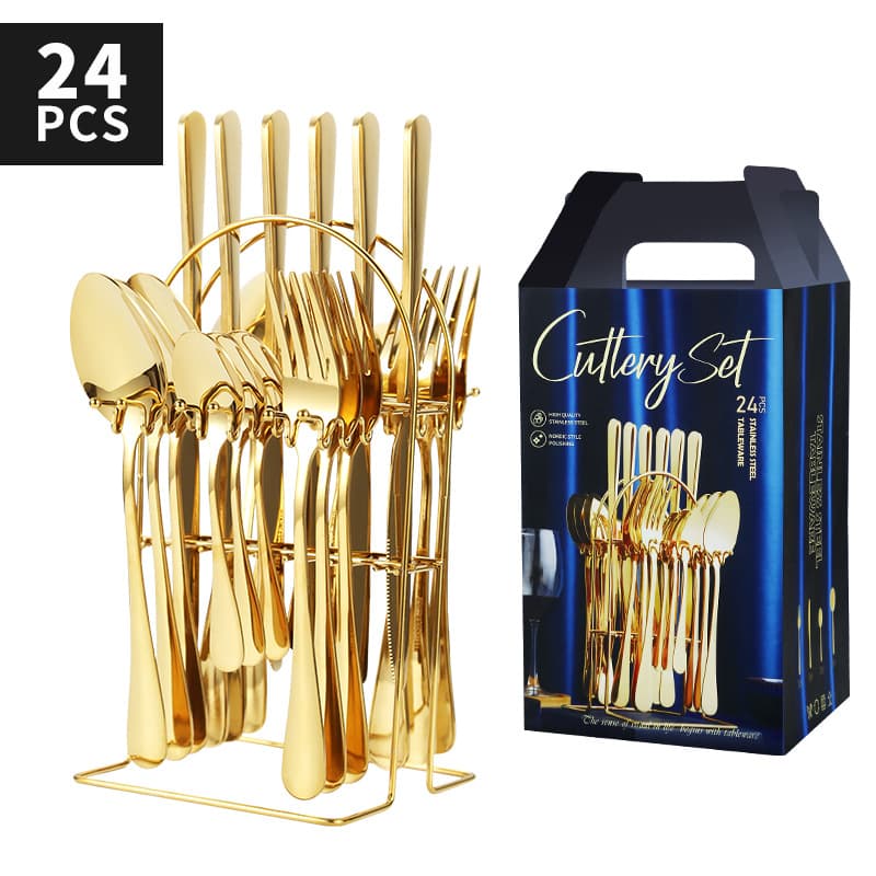 ​Premium 24-Piece Stainless Steel Cutlery Set With Hanging Stand – Mirror-Polished Knives, Forks, Spoons & Tea Spoons In Silver/Gold/Rose Gold