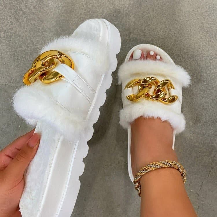 Women's Thick-Soled Woolen Slippers With Metal Chain Detail - Plus Size Cozy Indoor/Outdoor Cotton House Shoes