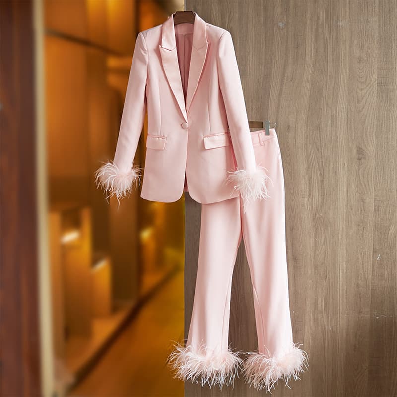 Women's Clothing Pink Feather Splicing Suit Two Piece Suit Temperament Dress Pants Suit