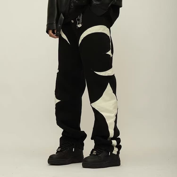 Men's Clothing Hiphop Patchwork Contrast Jeans Men's Loose Trendy Straight Casual Mopping Pants