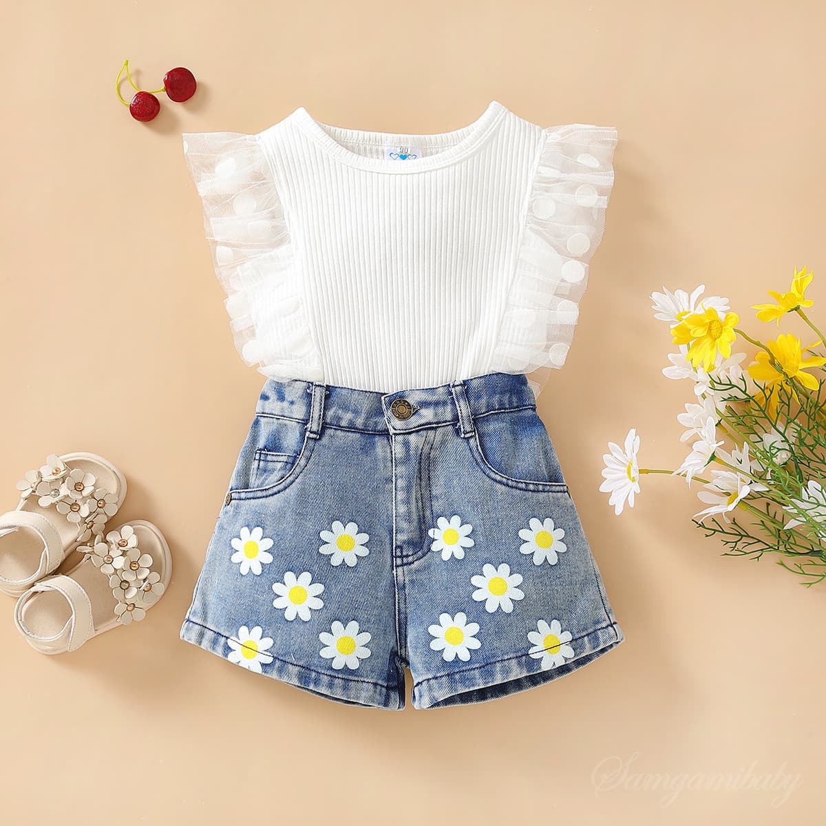 Baby Clothing Children's summer girls Girls mesh lace top embroidered denim shorts