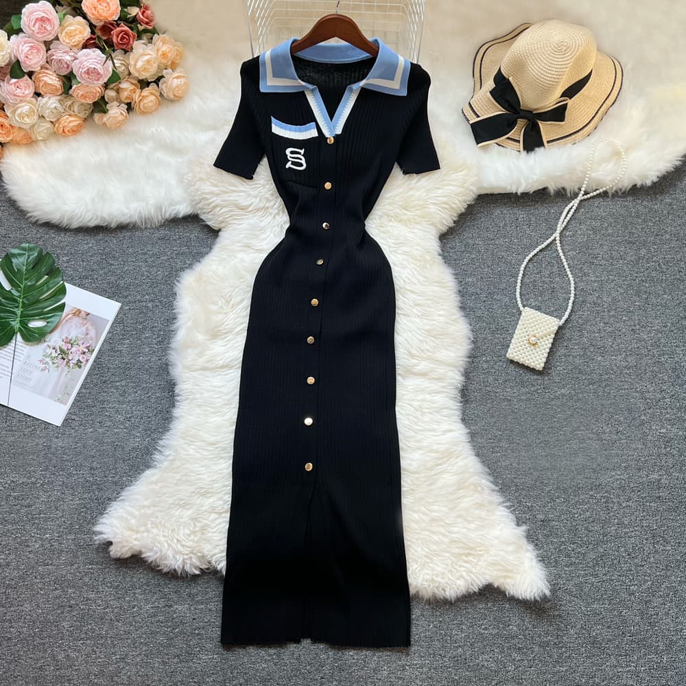 YuooMuoo Chic Fashion Sexy Package Hips Knitted Long Dress Women Brand Fashion Turn-down Collar Embroidery Bodycon Shirt