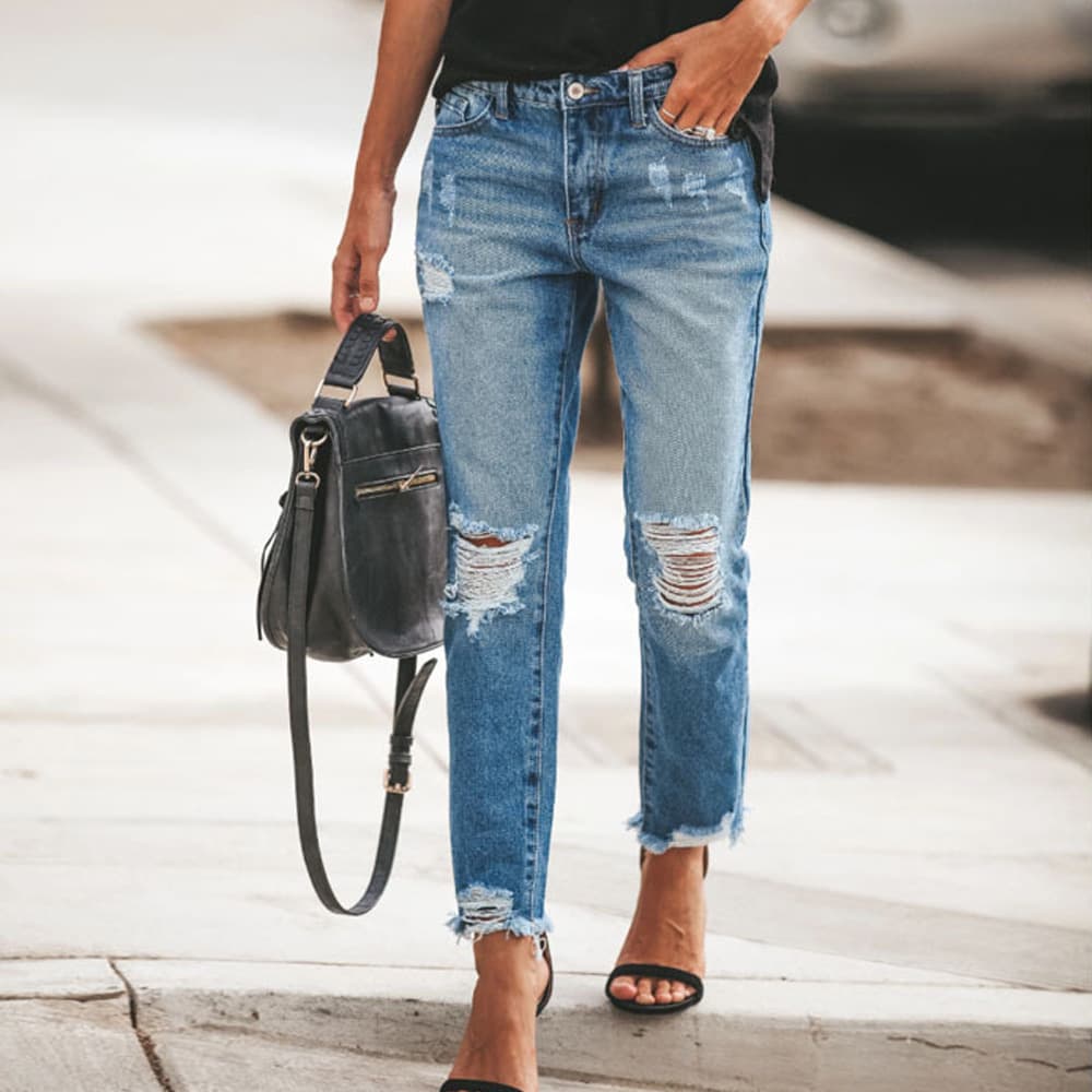 Women's Clothing Supply Hole Free Elastic Retro Fashion Denim Trousers For Women