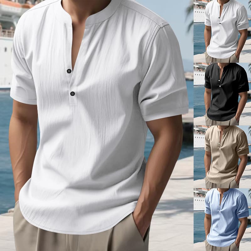 Men's Slim Fit Linen Shirt Breathable Short Sleeve Wrinkle-Free Stretchable, Casual Solid Color Top For Summer (White/Black/Khaki/Light Blue S-XXXL)