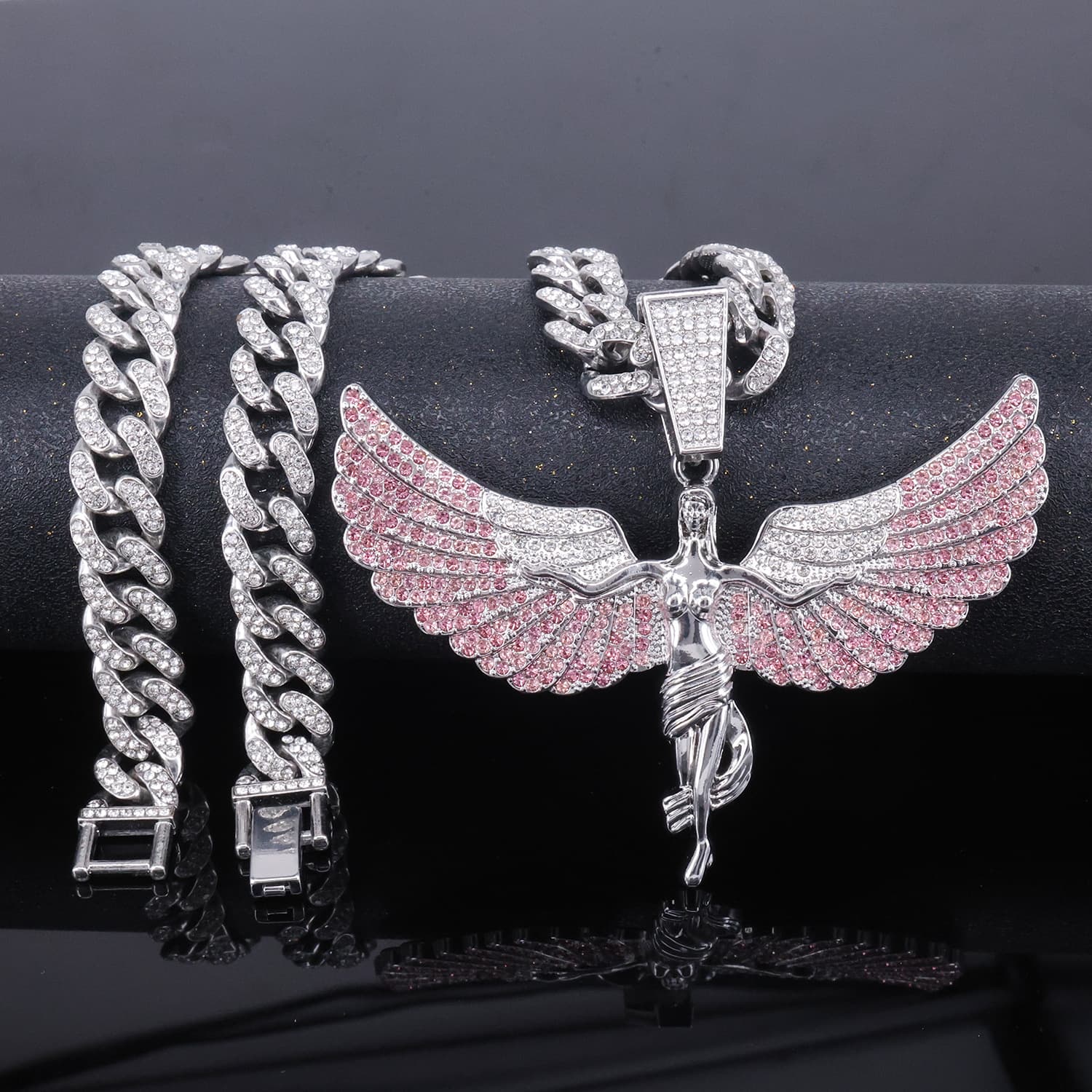 Unisex New Goddess Angel Wings Alloy Pendant Men's Full Diamond Rap Hip Hop Necklace