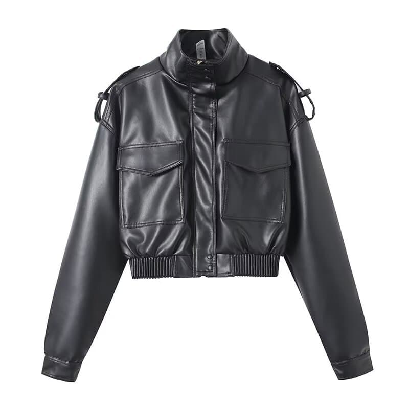 Slim-Fit Vegan Leather Jacket For Women - Short PU Biker Style With Stand Collar, Stretch Polyester Lining (XS/S/M/L, Light Green/Brown/Black)