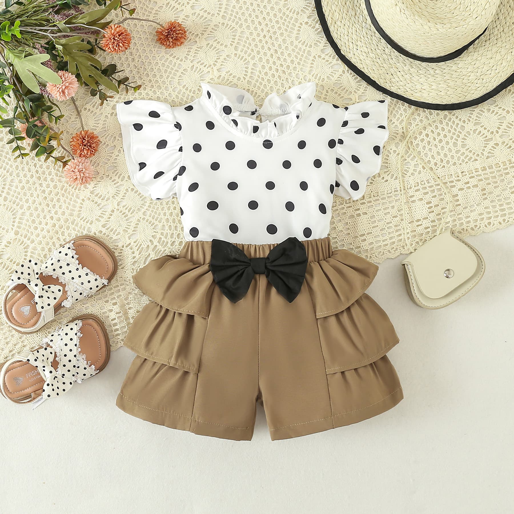 Baby Clothing Girls sweet polka dot flying sleeve T-shirt shorts set short sleeve shorts two sets