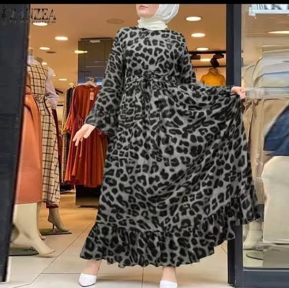 Women's Muslim leopard print comfortable casual style long-sleeved strappy dress