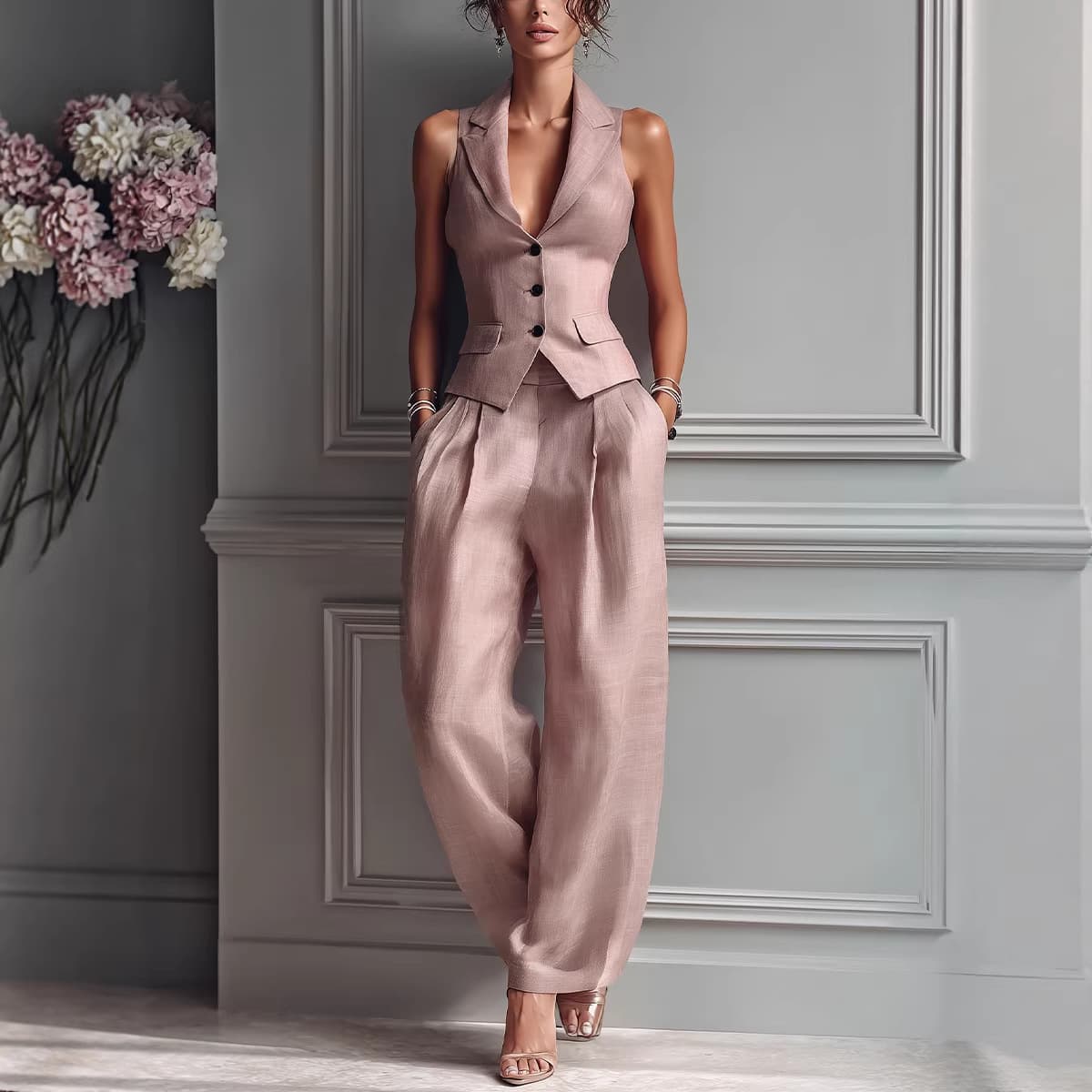 Women's Sexy V Neck Button Up Vest Two Piece Set Casual Fashion