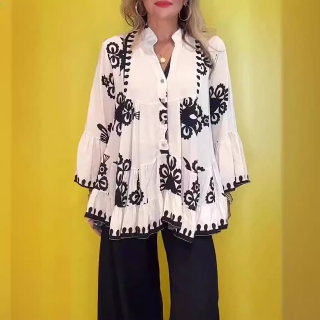 Women's Clothing Irregular Printed V-neck Long-sleeved Ruffled Shirt