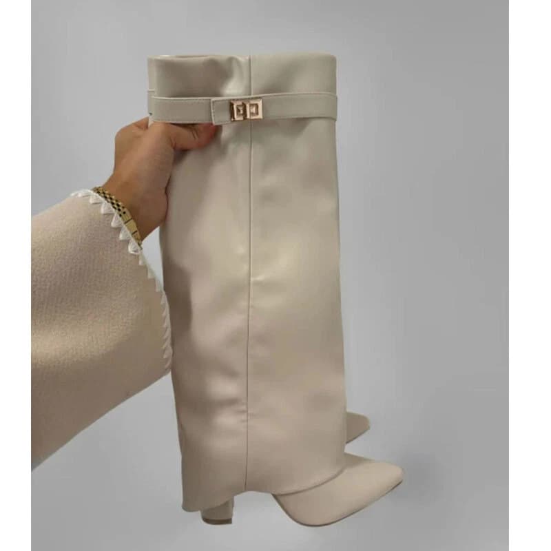 Bottes hautes à bout pointu pour femmes, avec boucles métalliques, talons épais, bottes d'hiver montantes jusqu'aux genoux en cuir PU, talons épa