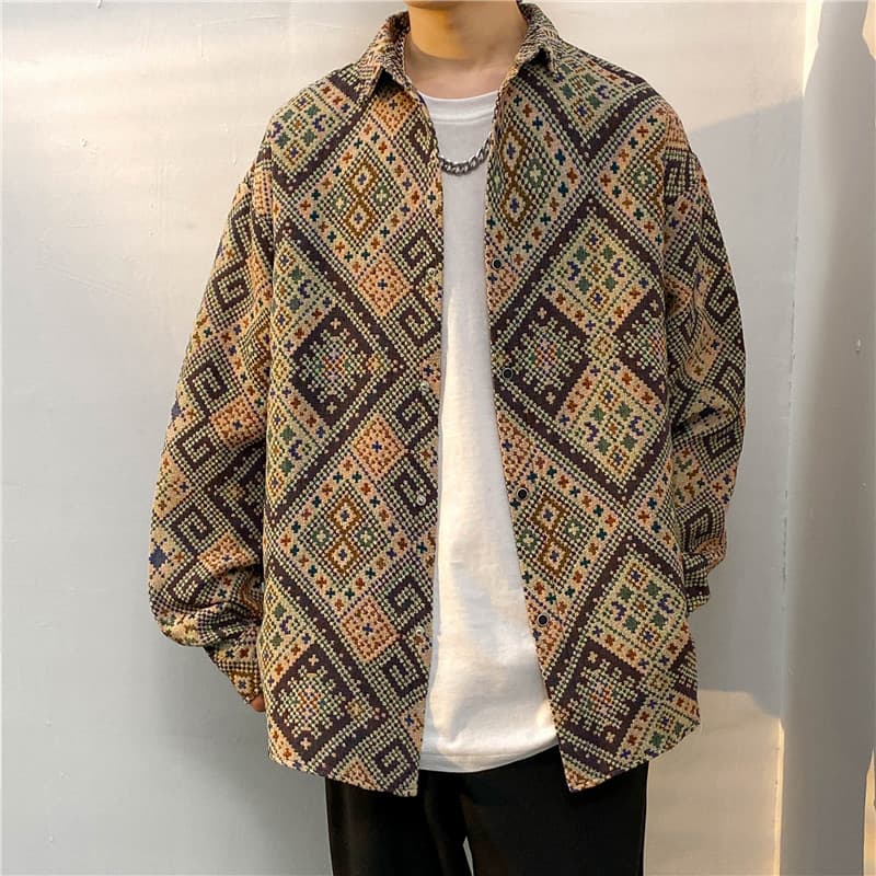 Men's shirts and jackets, popular autumn yarn-dyed jacquard casual lapel jackets, trendy and versatile loose tuxedo tops