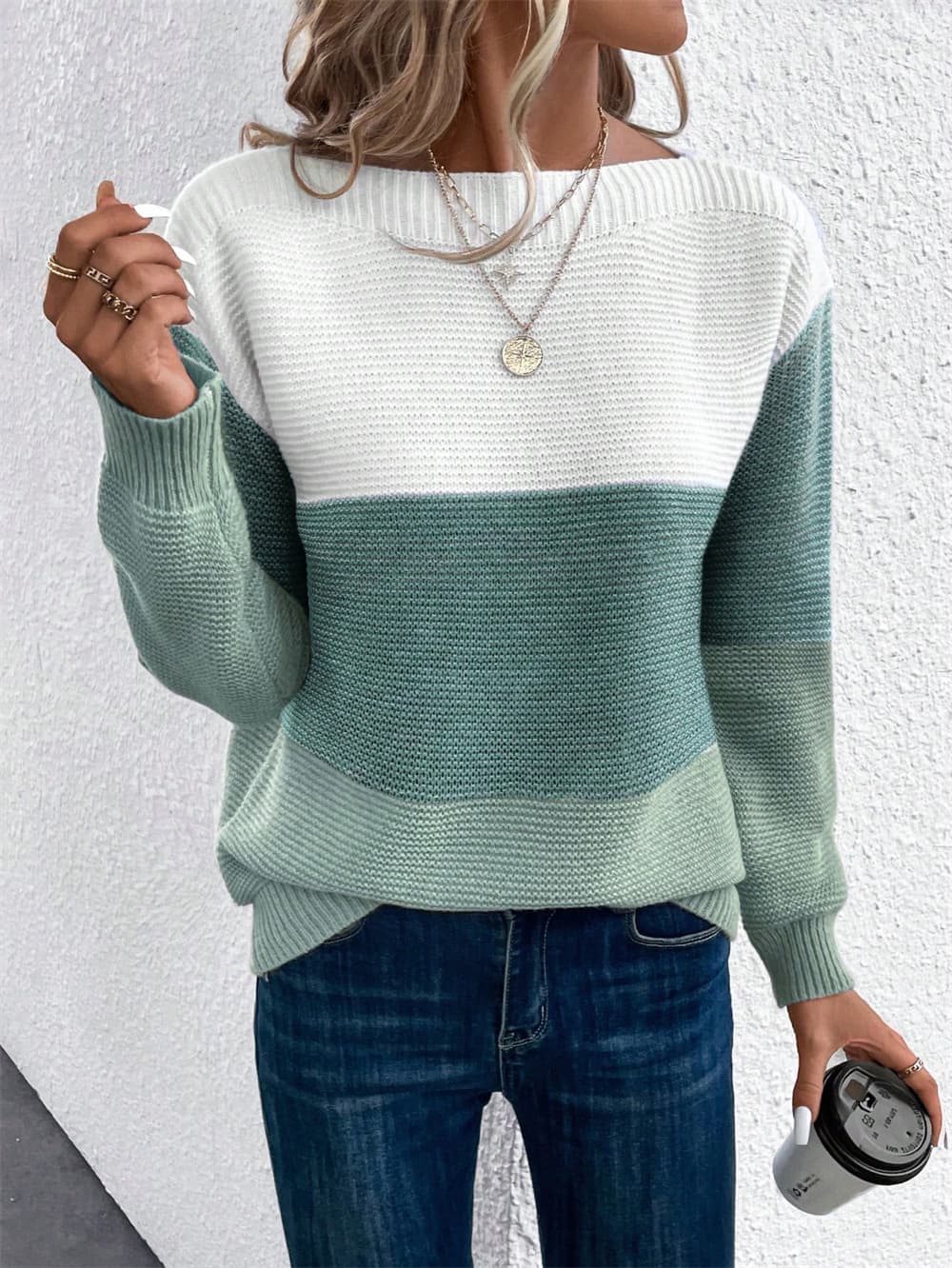 Women's Color-Block Knit Sweater – Polyester & Acrylic Blend, Round Neck, Long Sleeve, Loose Fit, Casual Pullover