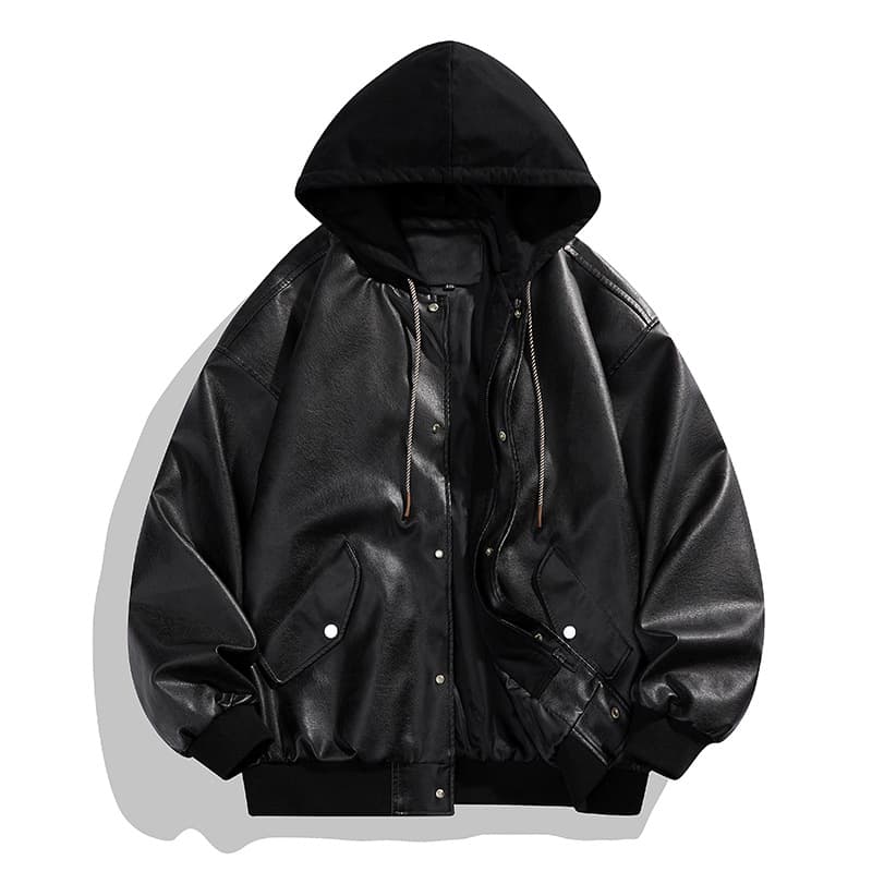 2025 New Men's Fake Trend Korean Version Loose Handsome Locomotive Leather Jacket Ruffian Handsome Hooded Jacket