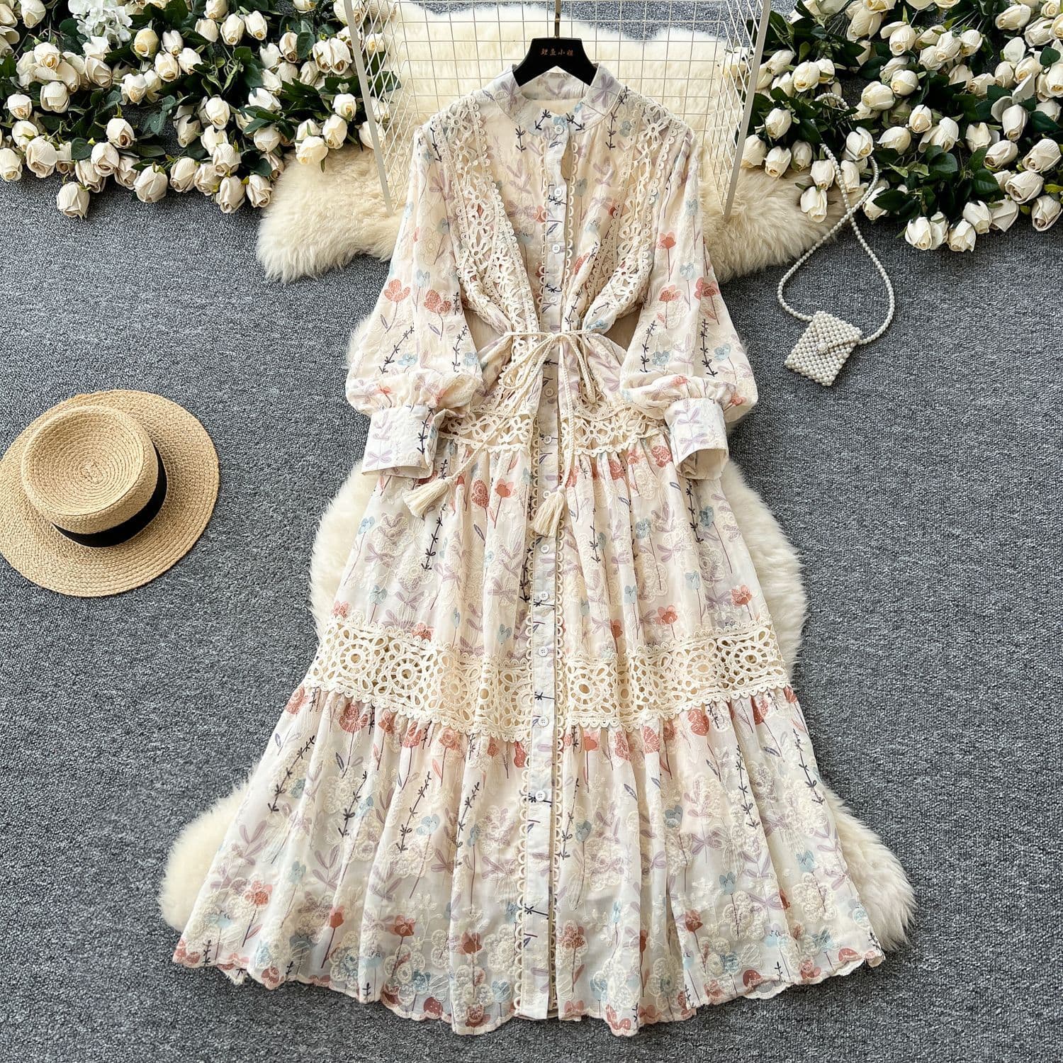 Women's High-End Slimming Lace Patchwork Dress French Court Style Printed Embroidered Waist Cinching Fairy Long Dress