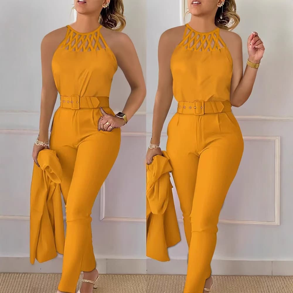 Women's Clothing Women's Casual Fashion Slim Top Solid Color Pants With Belt Suit For Women