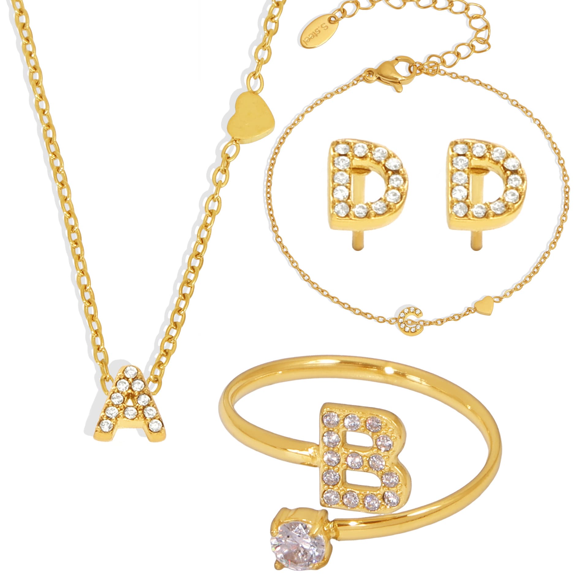 Women's Jewelry Set Fashion Titanium Steel 26 Letters Inlaid Zircon Combination PVD Plated Real Gold Color Preserving Necklace Bracelet Earrings