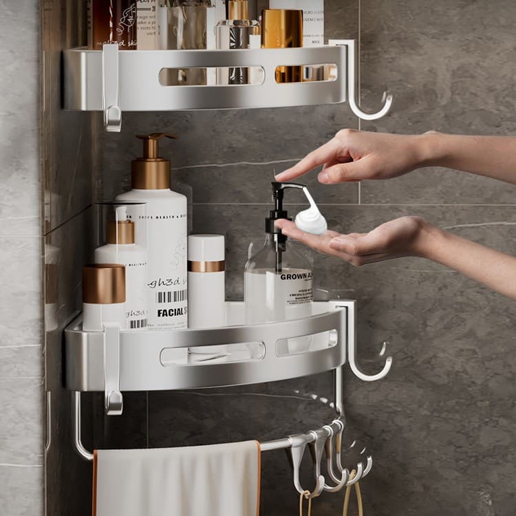No Drill Space Aluminum Bathroom Corner Shelf, Black Triangle Shower Organizer With Hanging Rod, Wall Mounted Storage Basket For Shampoo