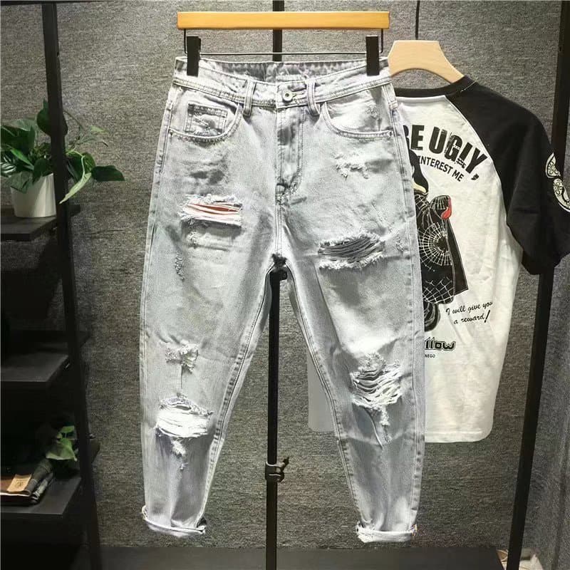 New Style Japanese Loose Brushed Brushed Ripped Beggar's Pants Men's Trendy Light Wash Nine-point Jeans For Men