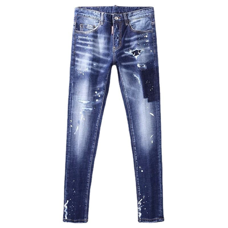 Men's Clothing Fashion Fashion Jeans Blue Slim Elastic Foot Print Trendy Versatile Jeans