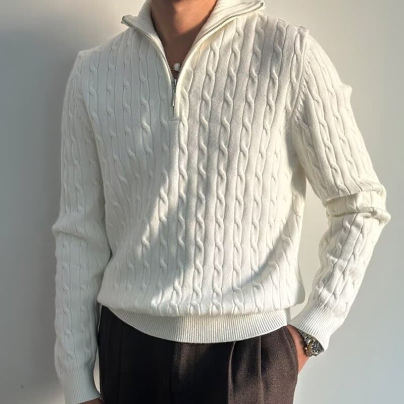 Men's Clothing Half Turtleneck Zipper Sweater For Men, High End Lazy Pullover Long Sleeved Sweater, Fashionable And Versatile White Jacket