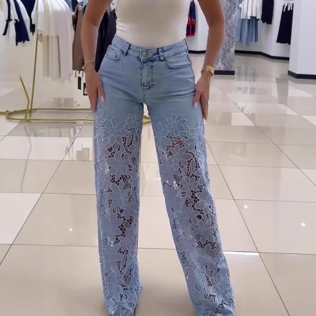 Elegant High-Waisted Wide-Leg Pants With Lace & Denim Trim - Flowy & Flattering For All-Day Comfort
