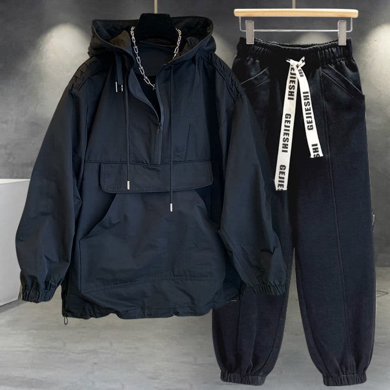 Men's Clothing Hooded Jacket Suit Men Ins Trendy Work Wear Splicing Design Windbreaker Long Sleeved Top With Loose