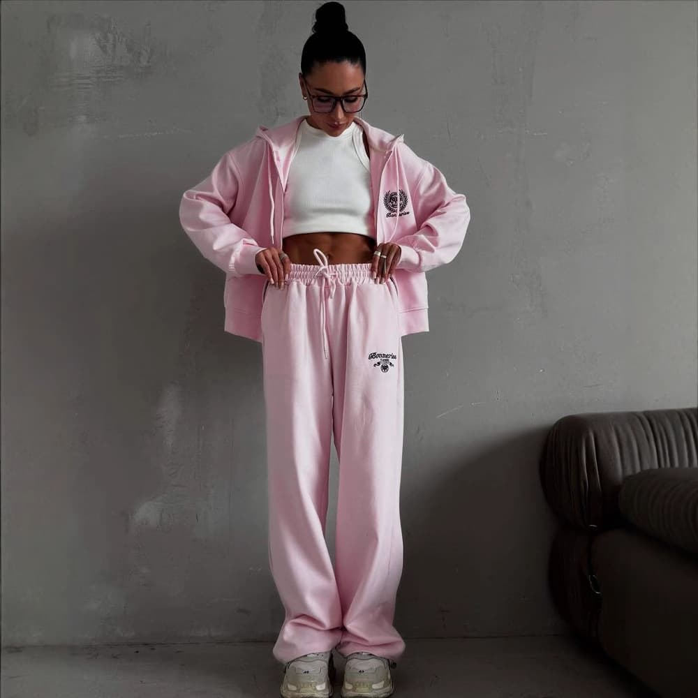 ​​Women's Zip-Up Hoodie & High-Waist Sweatpants Set –Fall Embroidered Joggers, Streetwear Casual Tracksuit In Pink/Yellow/Light Grey (S/M/L)​​