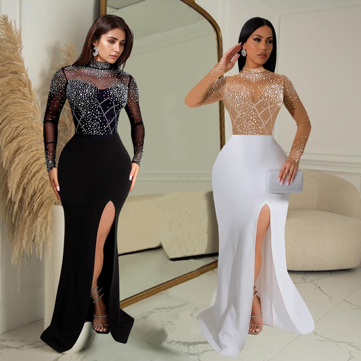 Cross border s Independent Station European and American Fashion Women's Wear Hot Diamond Slit Long Dress New