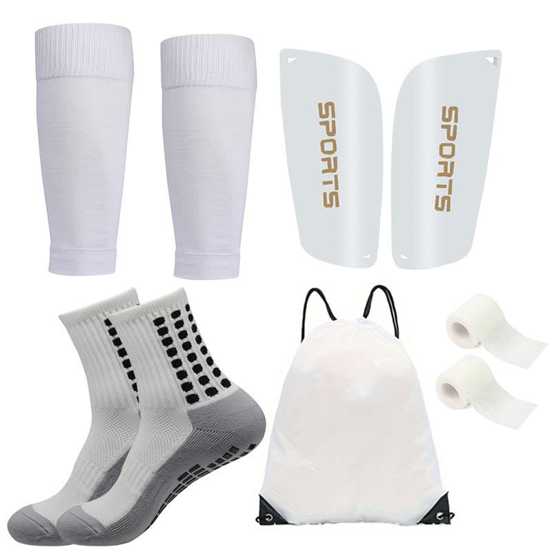 5 Piece Set Grey Sole Sports Socks Mid Calf Soccer Socks Anti Slip Dotted Adhesive Sock Covers Shin Guards Bandages Drawstring Bag