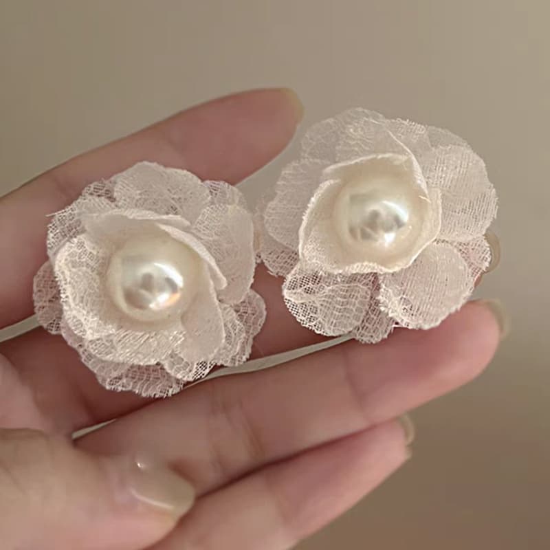 Camellia Dream ~ Super Fairy Atmosphere French Lace Flower Pearl Earrings Advanced Niche Temperament Gentle Earrings