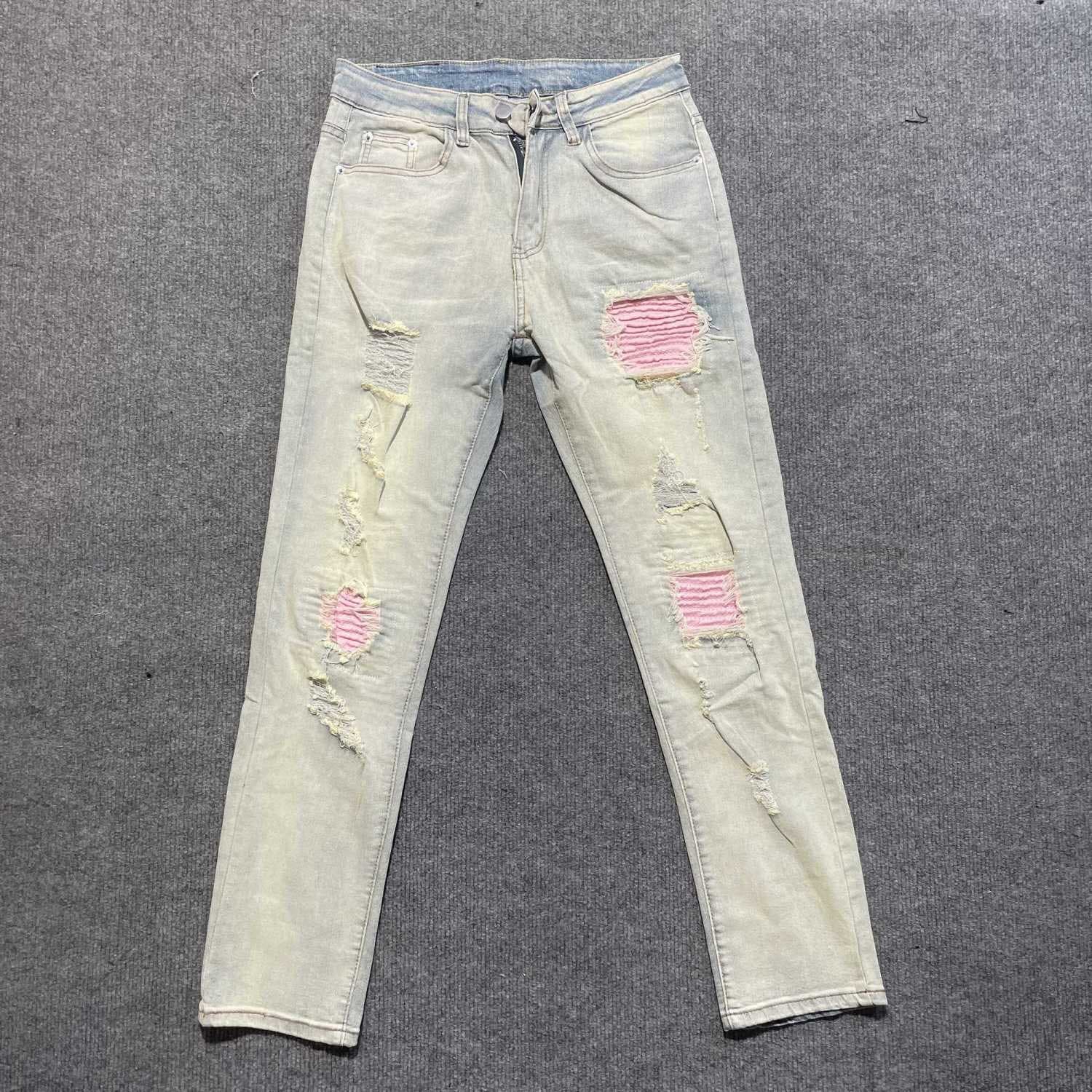 Men's Clothing Trendy Pink Patchwork Distressed Jeans For Men - Street Style Slim Fit Stretch Denim Pants
