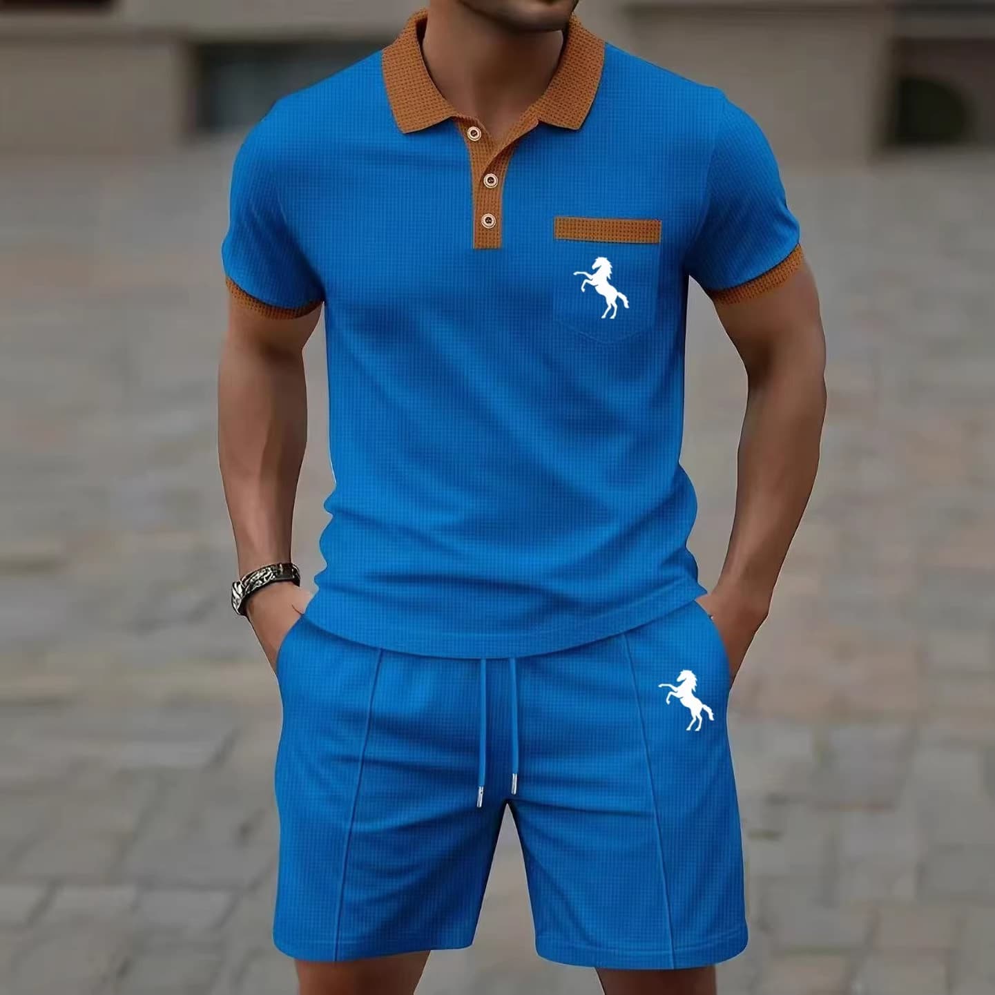 Men's Waffle Polo Shirt And Shorts Set White Horse Print Casual Two-Piece Ensemble for Men