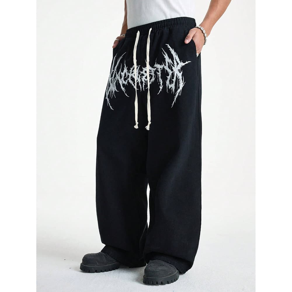 Men's Retro Casual Pants High Street Trendy Loose Fit Wide Leg Trousers Mid Waist Cargo Pants Black Gray Solid Color Machine Washable