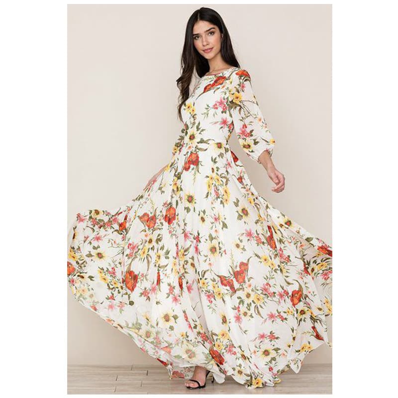 Women's Clothing Boho print chiffon long dress with round neck and mid-sleeve waist