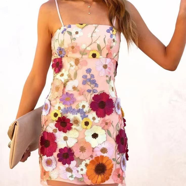 Spring Summer Three-Dimensional Flower Embroidery Suspender Skirt Women's Short Dress Elegant Temperament Cross-Border Fashion