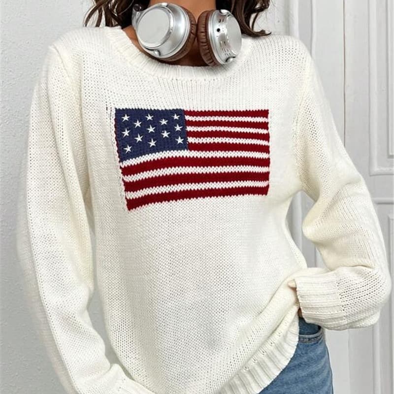 Women's Clothing New Loose Round Neck Flag Pattern Simple Versatile Knitted Sweater