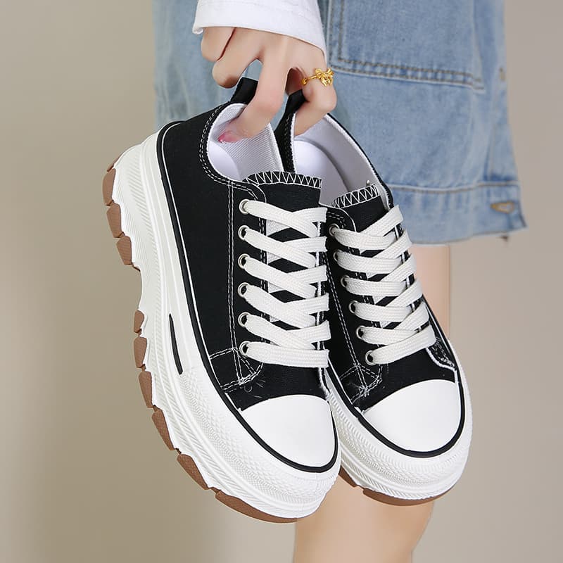 Thick Soled Canvas Shoes For Women New Height Increasing Shoes Black Niche Platform Casual Sneakers