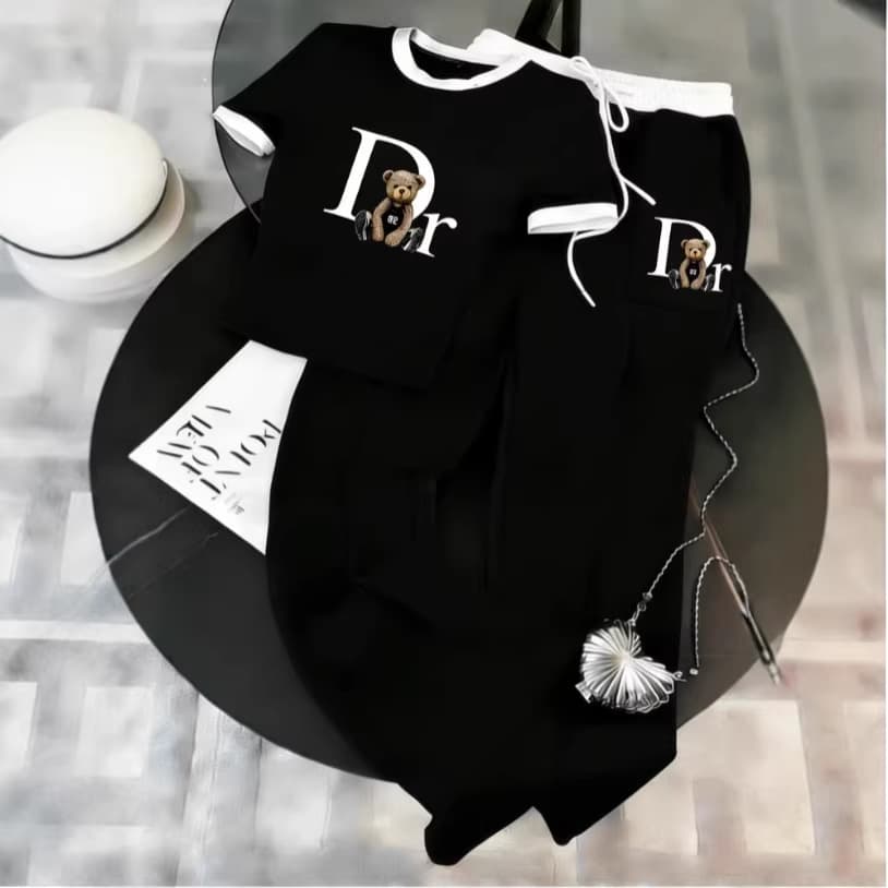 Women's Summer Short Sleeve T-Shirt Set Fashion Bear DR Printed Casual Round Neck Two Piece Outfit Black Polyester